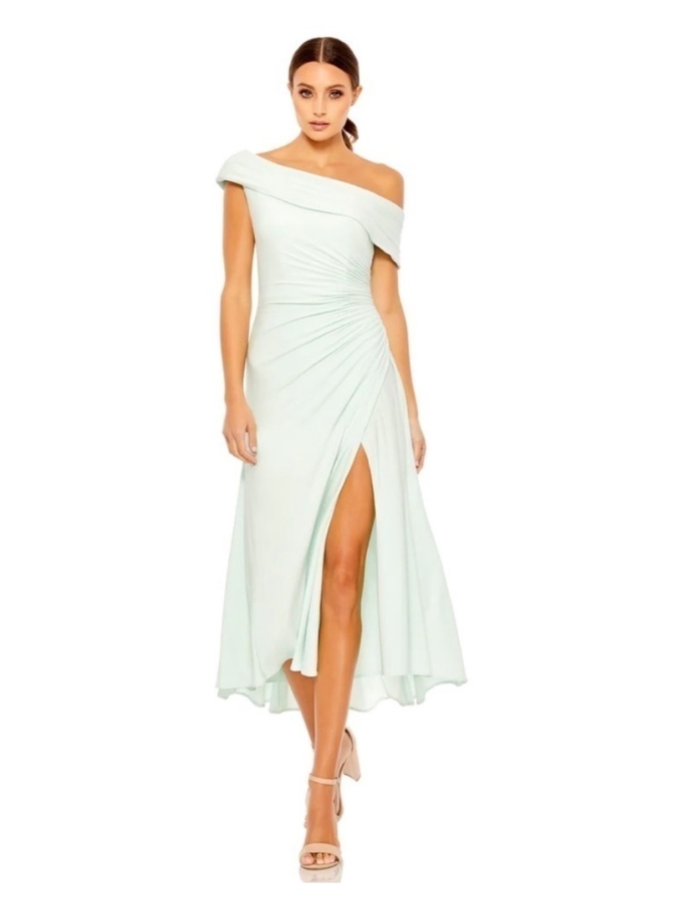 Ieena by Mac Duggal White Ruched Midi Dress with Side Slit